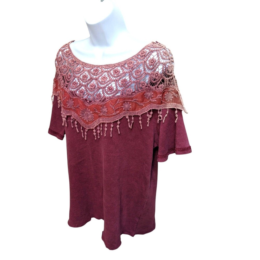 POL Crochet Boho Knit Short Sleeve Top Sz M Grandma Cottage Fairy Grunge